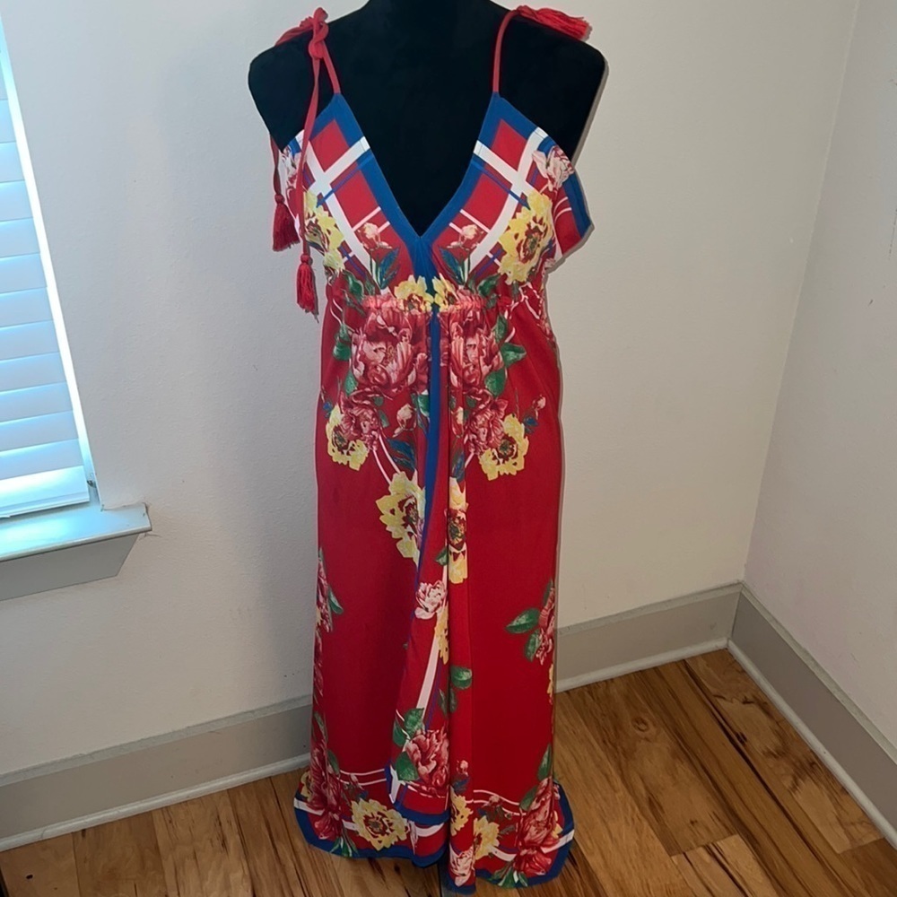 Flying Tomato floral print V neck tassels ties at shoulders Boho Maxi Dress Sz S